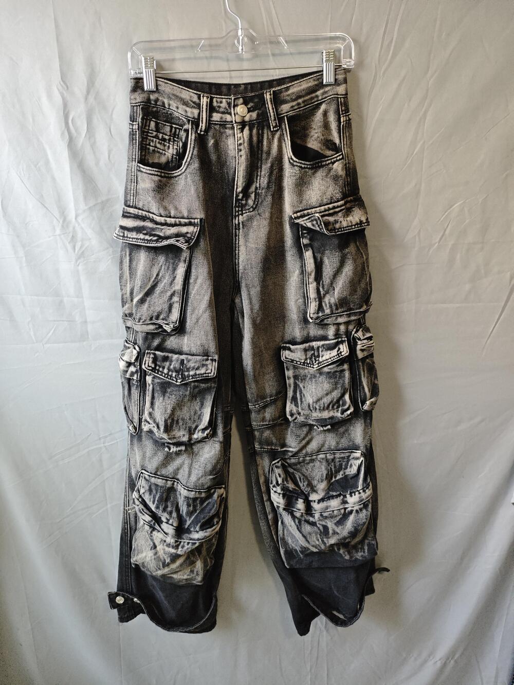 Micas Cargo Pants Womens XS Denim Acid Wash Multi Pocket Y2K Grunge Utility